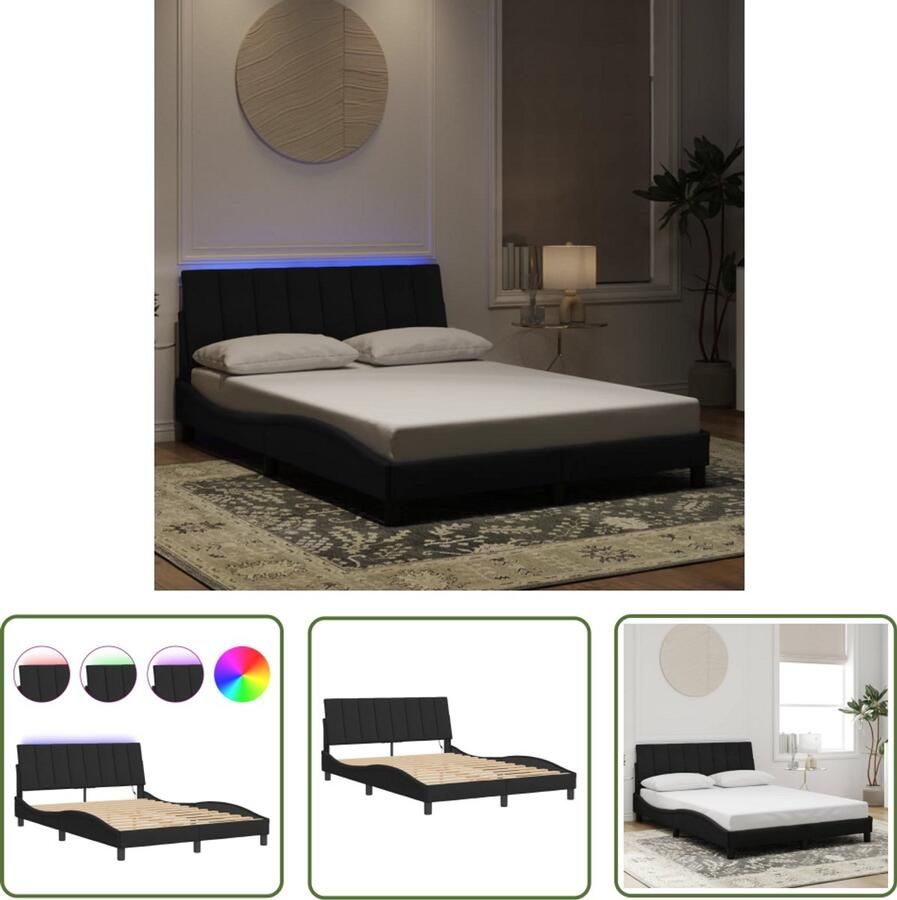 VidaXL Fluweel Bed Comfortabel Bed Frame Bedframe met LED zonder matras Hanko fluweel zwart 120x200 cm Led Lampen Bed Hoofdbordkussens Modern Bed