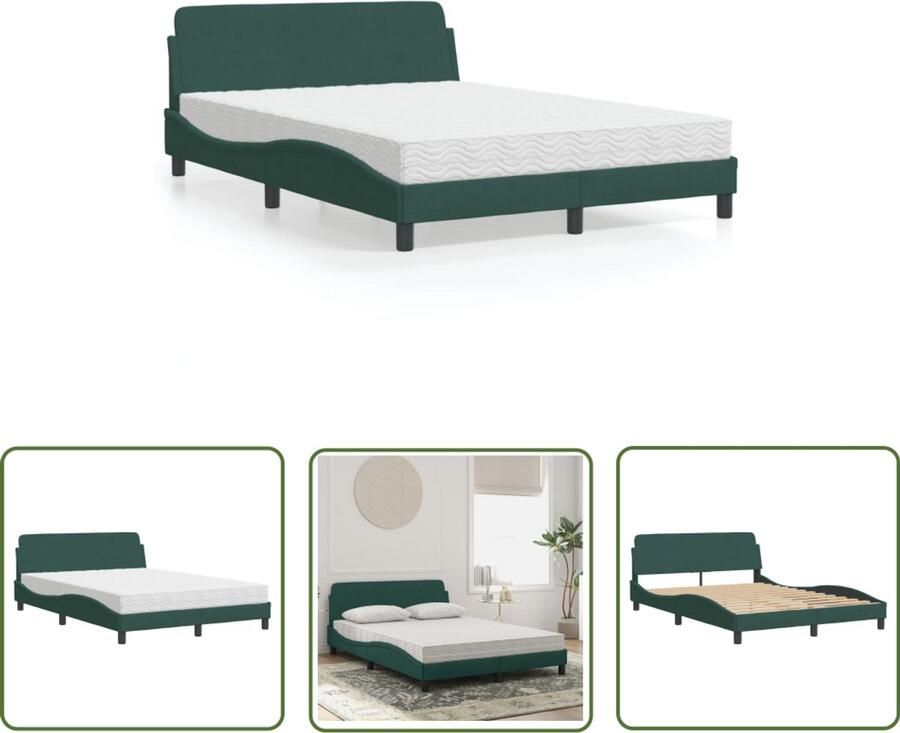 VidaXL Bed met matras Dover fluweel donkergroen 140x200 cm Comfortabel Bed Fluweel Bed Donkere Bedden Tweepersoonsbed Groot Bed
