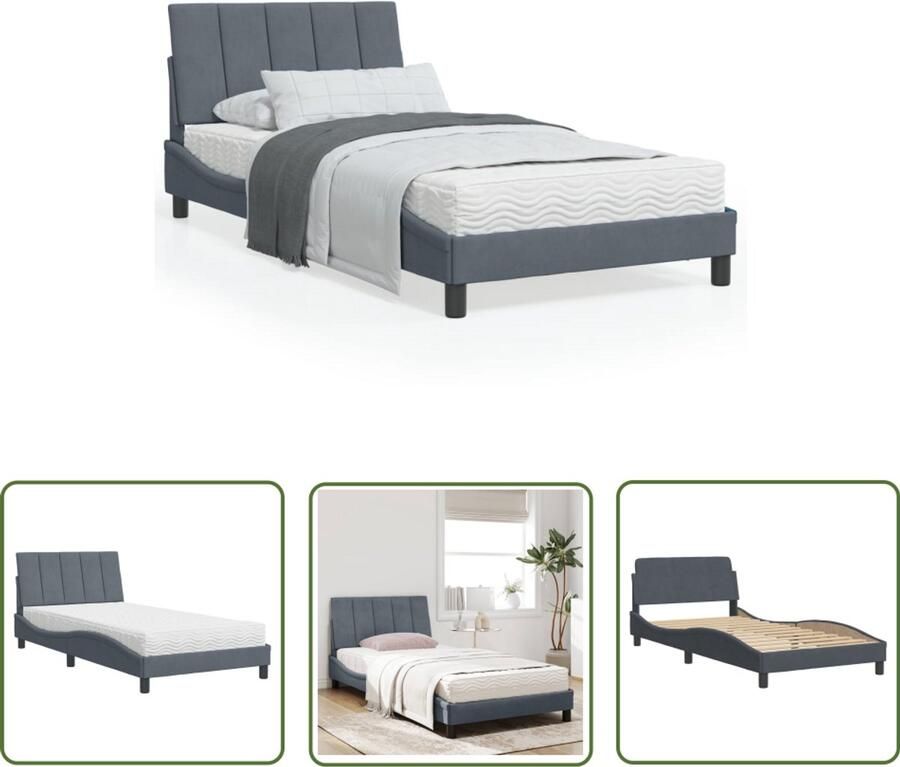 VidaXL Bed met matras Hanko fluweel donkergrijs 100x200 cm Comfortabel Bed Fluweel Bed Grijs Bed Tweepersoonsbed Boxspring Bed