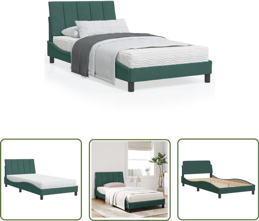 VidaXL Bed met matras Hanko fluweel donkergroen 100x200 cm Comfortabel Bed Fluweel Bed Groen Bed King Size Bed Tweepersoonsbed