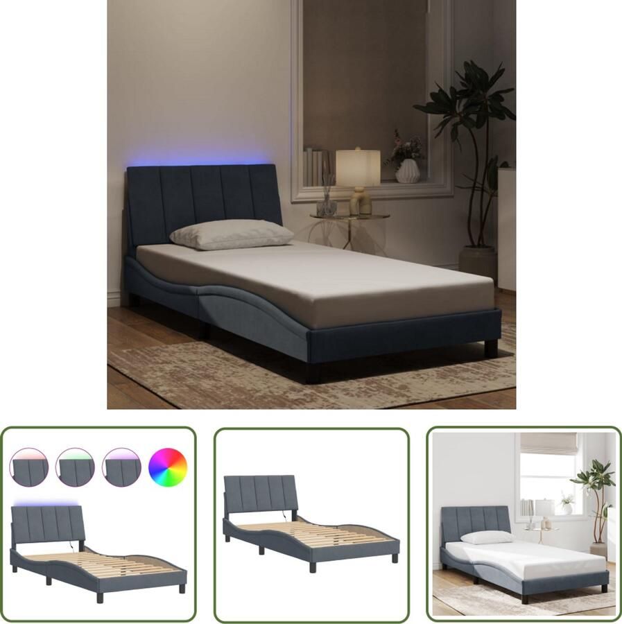 VidaXL Bedframe met LED zonder matras Hanko fluweel donkergrijs 100x200 cm Donker Grijs Bedframe Fluweel Bed Led Bed Hoofdbord Met Led Tweepersoons Bed