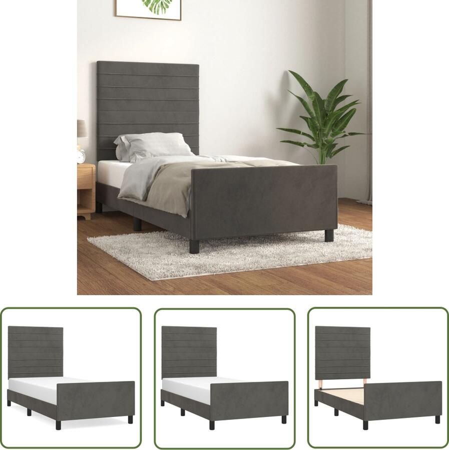 The Living Store Bedframe Donkergrijs fluweel Verstelbaar hoofdeinde Ondersteunende poten Multiplex lattenbodem Comfortabele rugondersteuning 193 x 93 x 118 128 cm Geschikt voor 90 x 190 cm matras