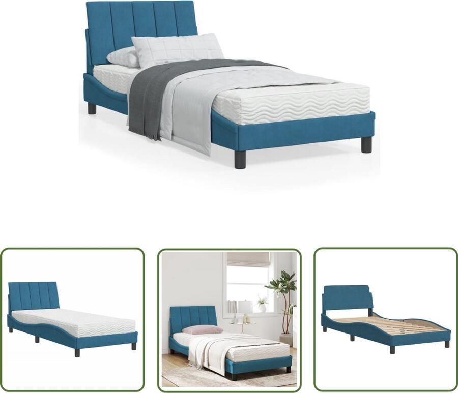 VidaXL Bed met matras Hanko fluweel blauw 90x200 cm Bed Frame Fluweel Bed Tweepersoons Bed Boxspring Bed King Size Bed