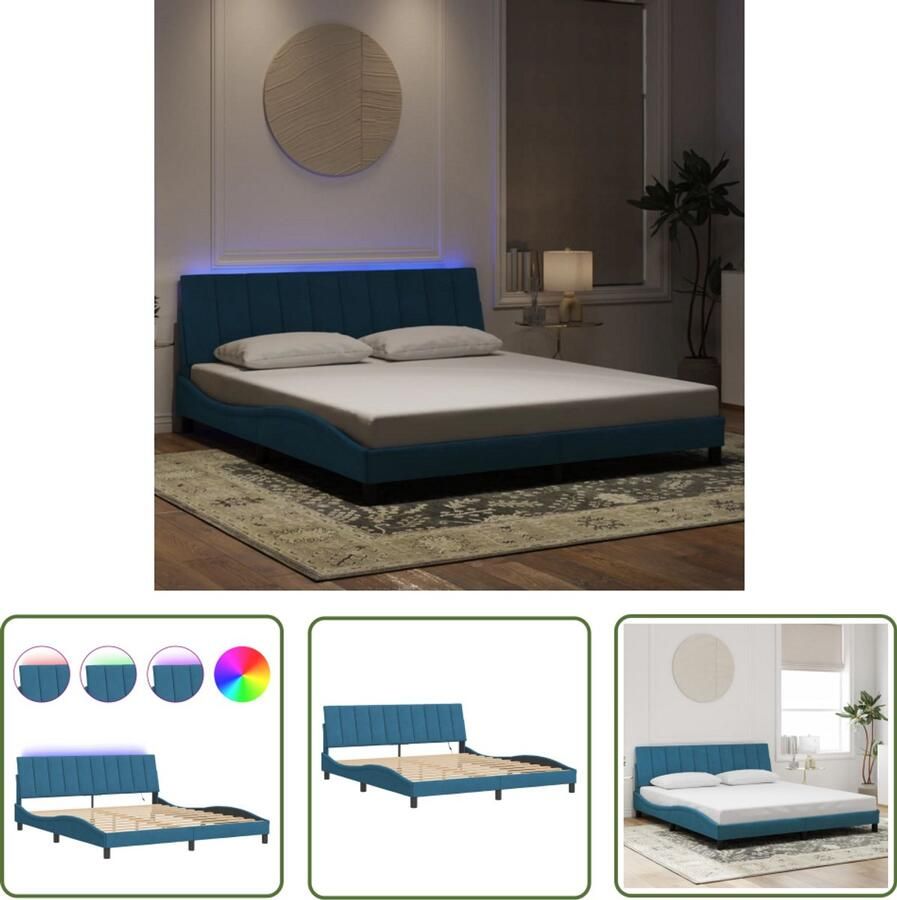 VidaXL Fluweel Bed Frame Blauwe Bedden Bedframe met LED zonder matras Hanko fluweel blauw 180x200 cm Led Bed Frame King Size Bed Tweepersoons Bed