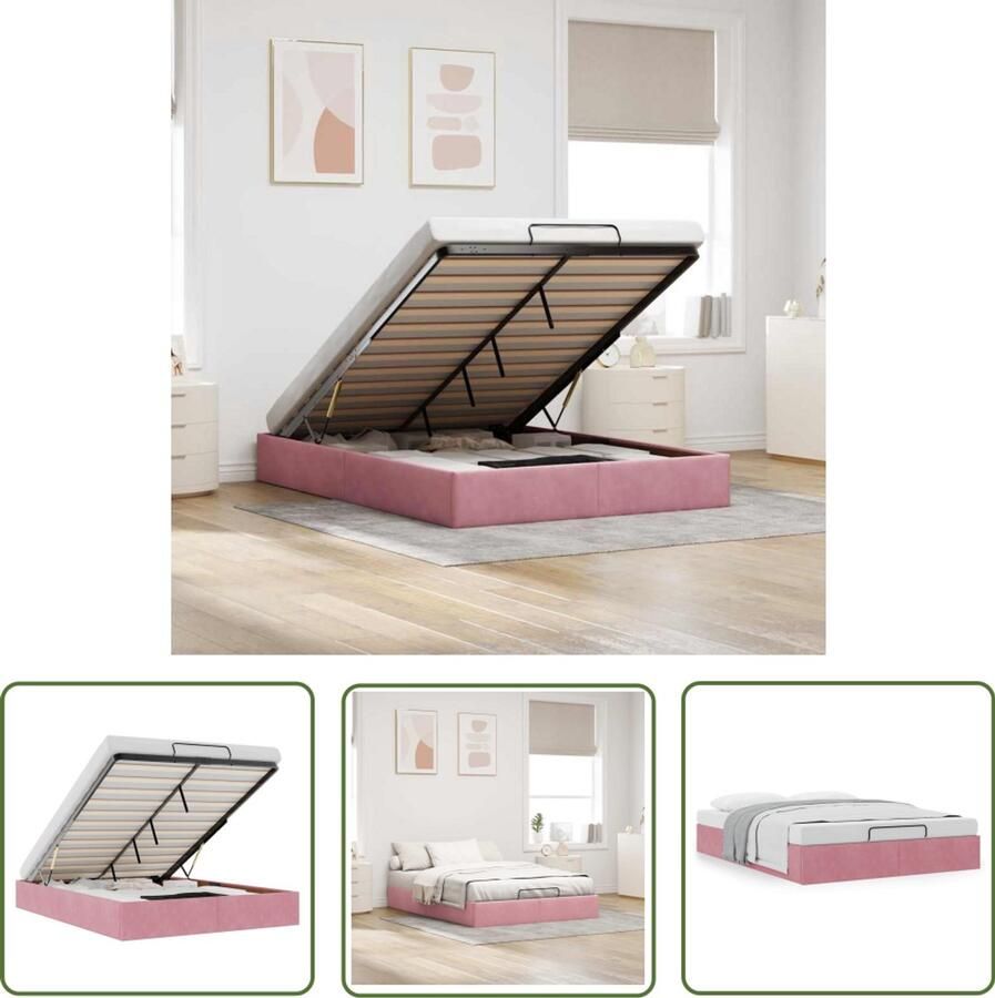 VidaXL Ottoman bedframe zonder matras 140x190 cm fluweel roze Ottoman Bedframe Fluweel Bed Roze Bed Met Opbergruimte Hoofdbord