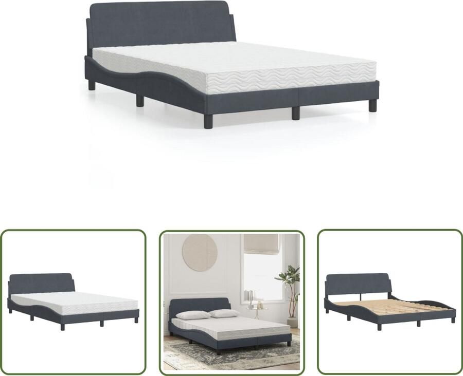 VidaXL Fluweel Bed Slaapcomfort Bed met matras Dover fluweel donkergrijs 120x200 cm Donkere Kleuren Boxspring Bed Tweepersoons Bed