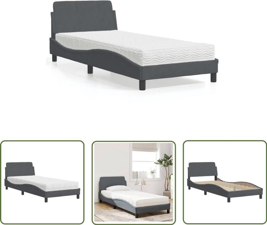 VidaXL Fluweel Bed Slaapcomfort Bed met matras Dover fluweel donkergrijs 90x200 cm Tweepersoonsbed Boxspring Bed Grijs Bed