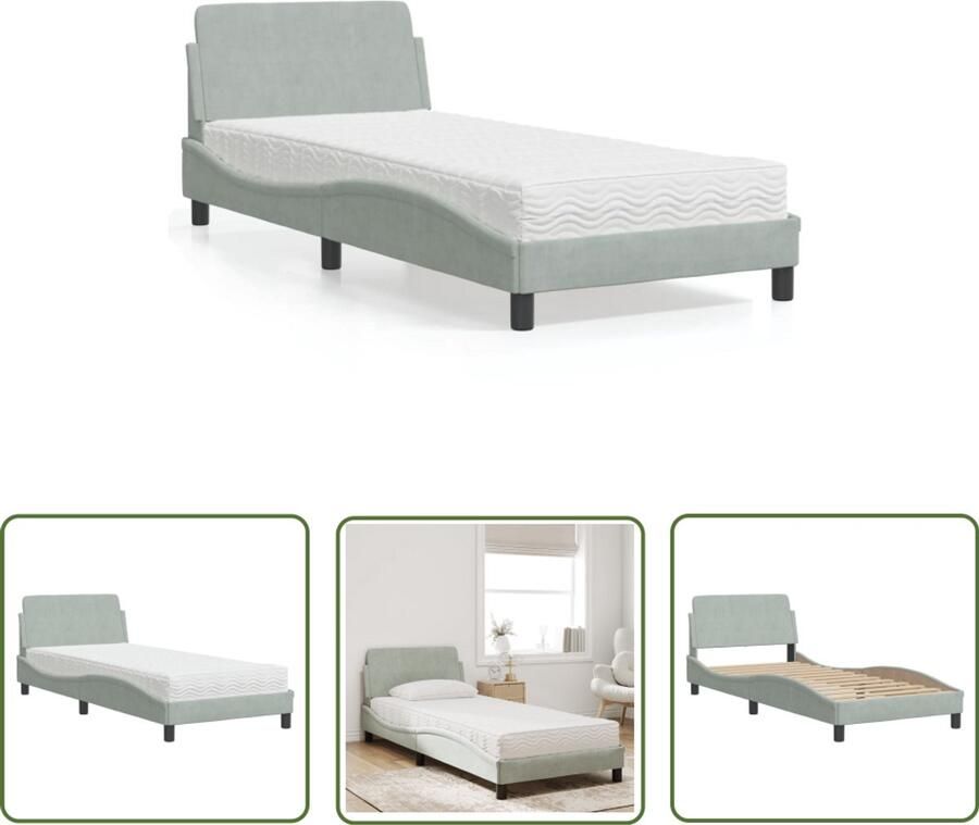 VidaXL Bed met matras Dover fluweel lichtgrijs 90x200 cm Slaapcomfort Fluweel Bed Tweepersoonsbed Boxspring Bed Grijs Bed