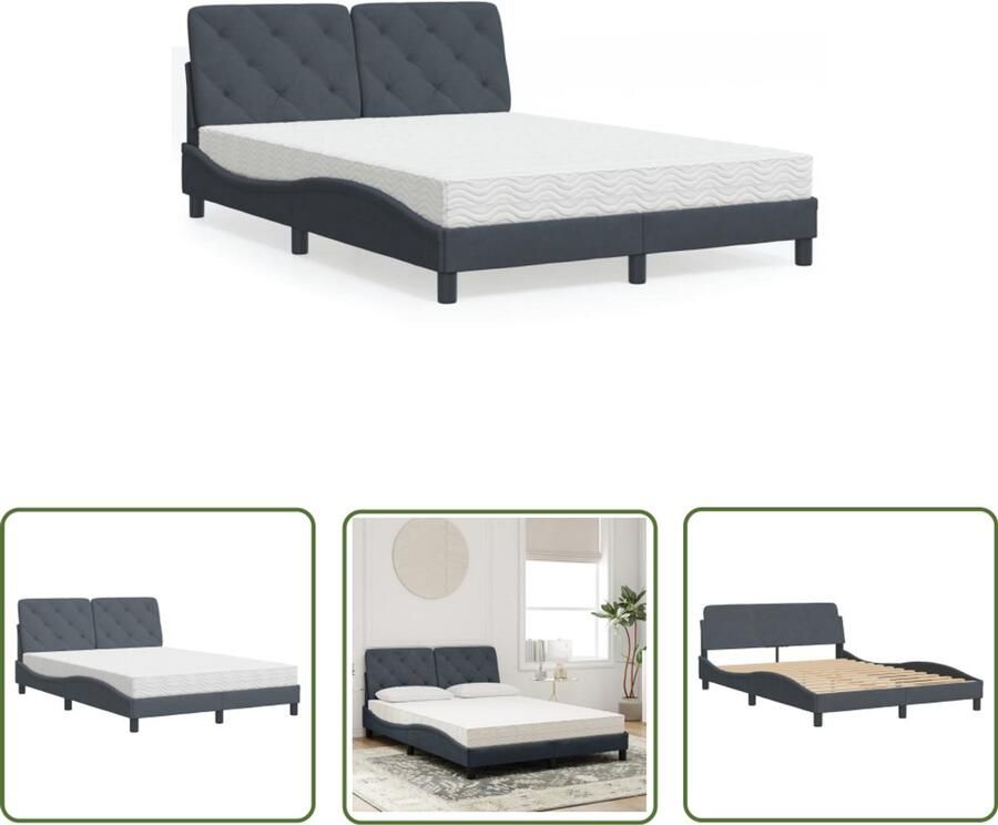 VidaXL Fluweel Bed Slaapcomfort Bed met matras fluweel donkergrijs 140x200 cm Donkere Kleuren Boxspring Bed Tweepersoonsbed