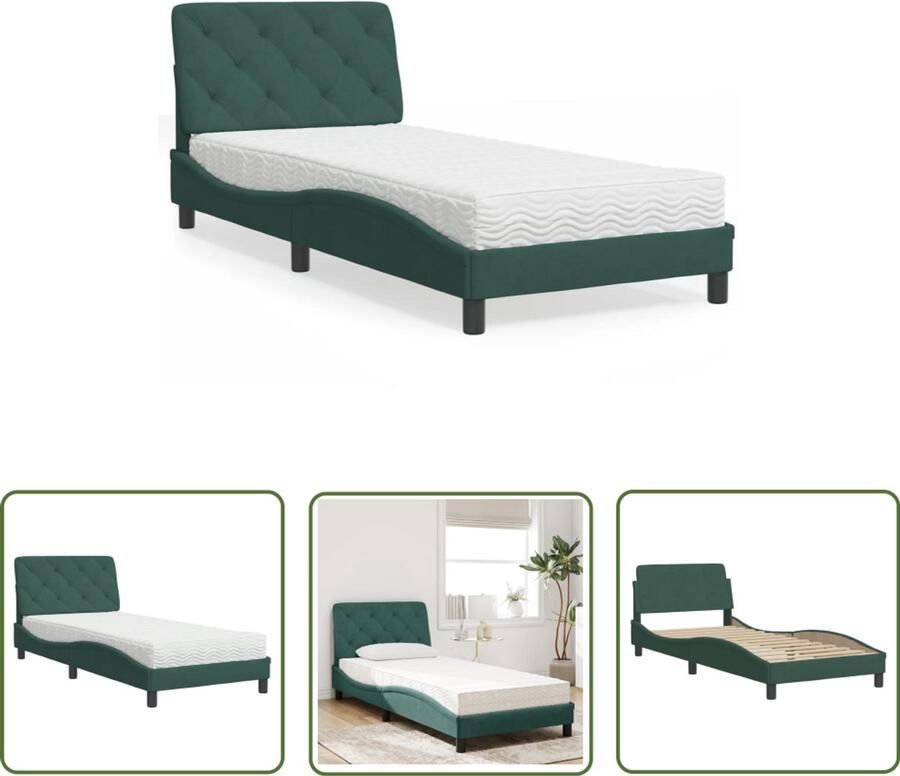 VidaXL Fluweel Bed Slaapcomfort Bed met matras fluweel donkergroen 90x190 cm Donkere Kleuren Boxspring Look King Size Bed