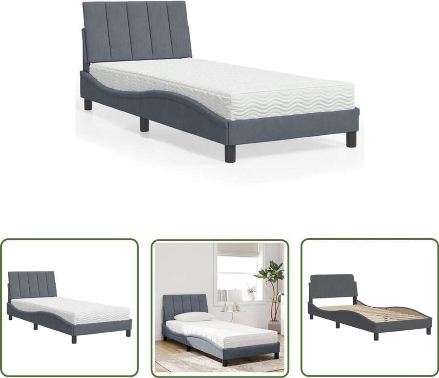 VidaXL Fluweel Bed Slaapcomfort Bed met matras Hanko fluweel donkergrijs 90x190 cm Donkere Kleuren Boxspring Bed Tweepersoonsbed