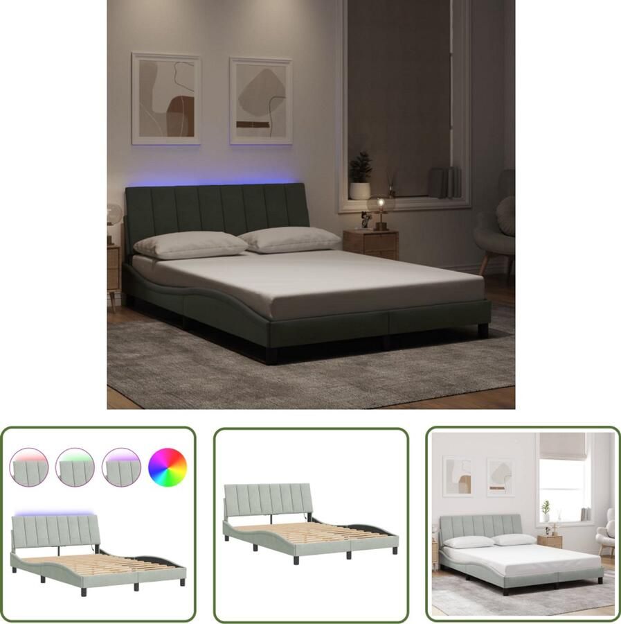 VidaXL Fluweel Bed Slaapcomfort Bedframe met LED zonder matras Hanko fluweel lichtgrijs 140x200 cm Led Lampen Hoofdbord Tweepersoons Bed