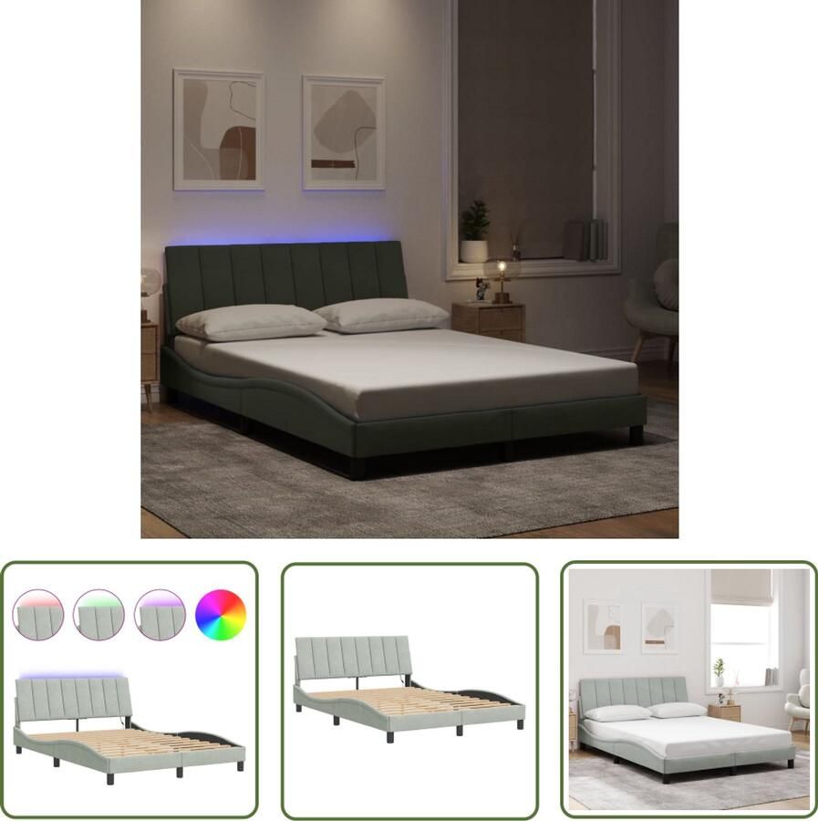 VidaXL Fluweel Bed Slaapkamerinrichting Bedframe met LED zonder matras Hanko fluweel lichtgrijs 120x200 cm Led Bed Frame Hoofdbord Met Kussentje Luxe Bed