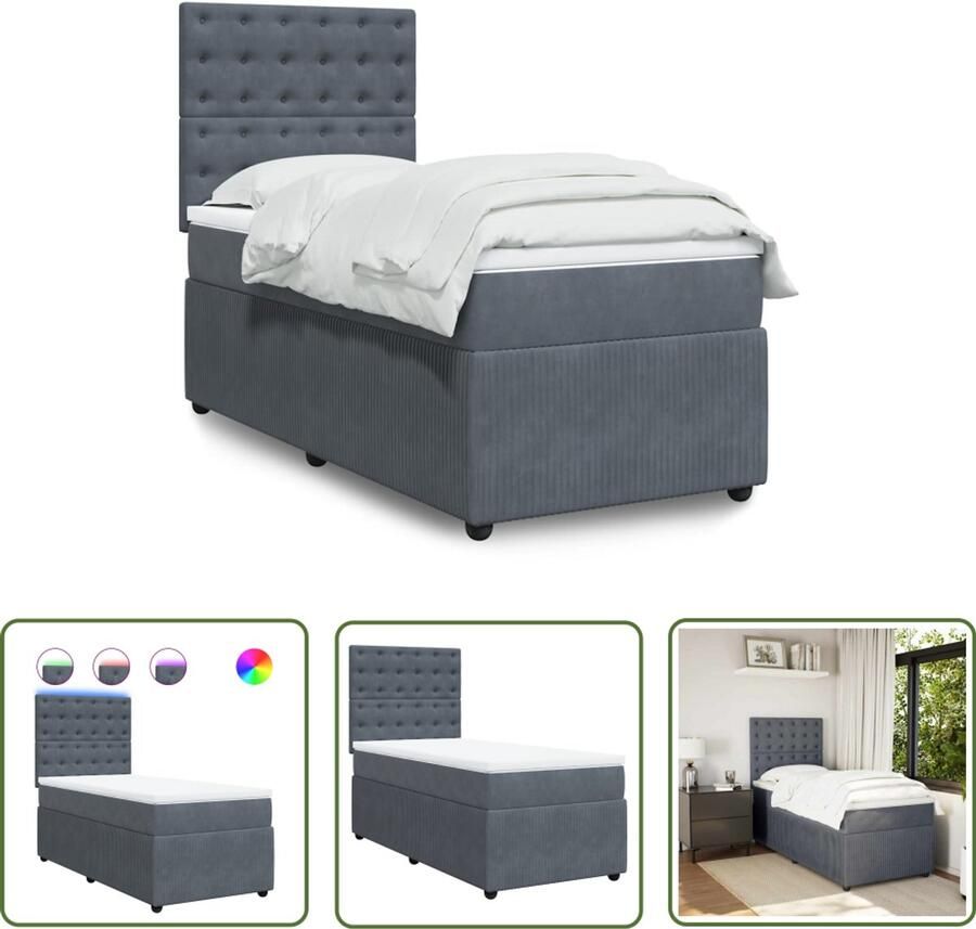 VidaXL Boxspring met matras fluweel donkergrijs 100x200 cm Boxspring Fluweel Dark Grijs Matras Led Verlichting