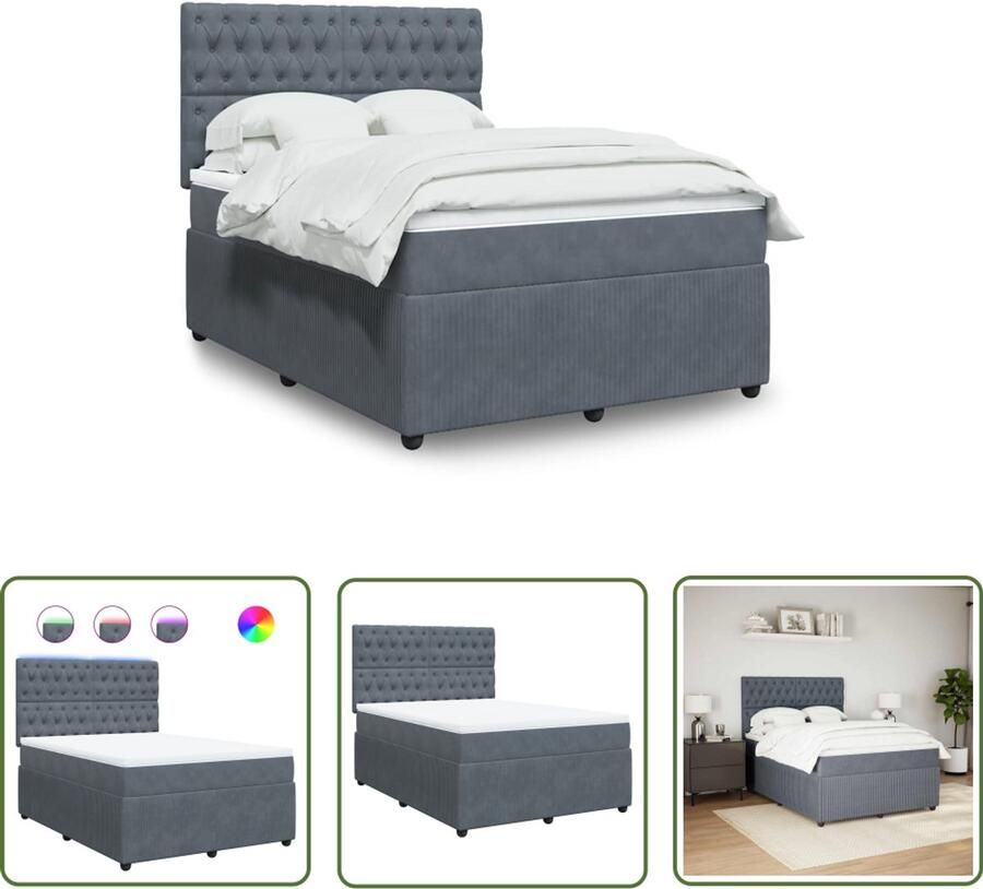 VidaXL Boxspring met matras fluweel donkergrijs 140x190 cm Boxspring Fluweel Dark Grijs Matras Led Verlichting