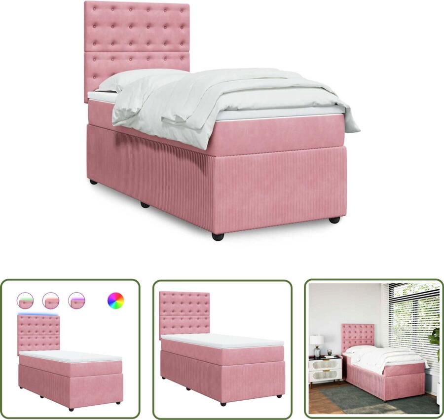 VidaXL Boxspring met matras fluweel roze 100x200 cm Boxspring Fluweel Roze Matras Led Verlichting - Foto 2