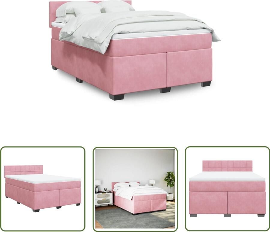 VidaXL Boxspring met matras fluweel roze 140x190 cm Boxspring Fluweel Roze Matras Bed Frame - Foto 2