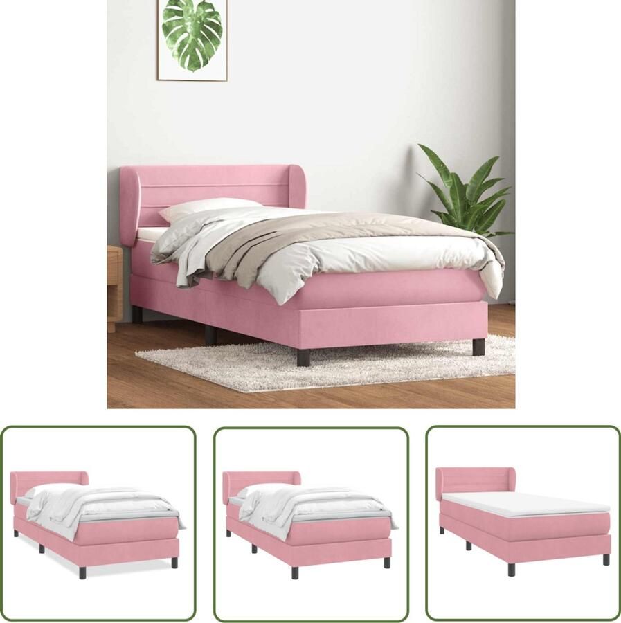VidaXL Boxspring met matras fluweel roze 80x220 cm Boxspring Fluweel Roze Matras Bed Frame