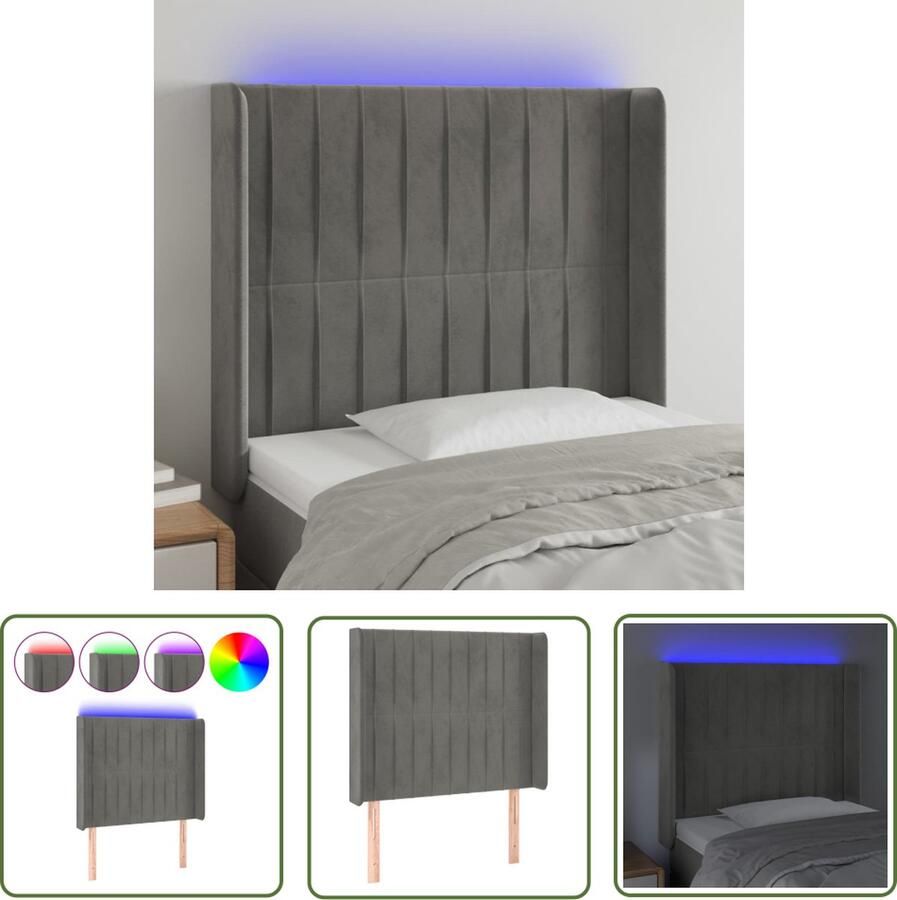 The Living Store LED-hoofdbord Klassiek Hoofdeinde 103x16x118 128 cm Zacht fluweel LED Hoofdbord Fluweel Hoofdbord Klassiek Hoofdbord Grijs Hoofdbord Met Led