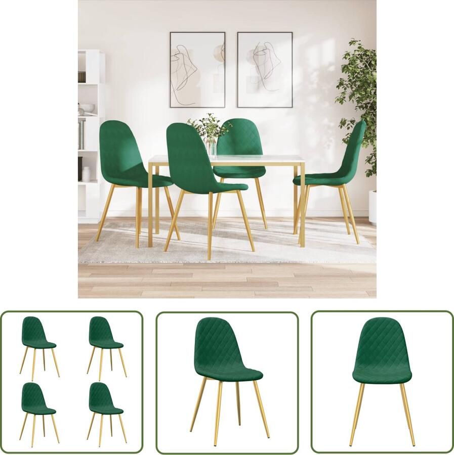 The Living Store Eetkamerstoelen Donkergroen fluweel Schuim gevulde zitting en rugleuning Goudverchroomde poten 45 x 53.5 x 87cm - Foto 3