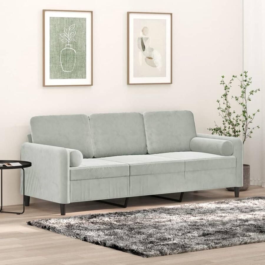 The Living Store Driezitsbank met sierkussens 180 cm fluweel lichtgrijs Drie Zits Bank Fluweel Sofa Grijze Bank Lounge Bank Woonkamer Meubilair