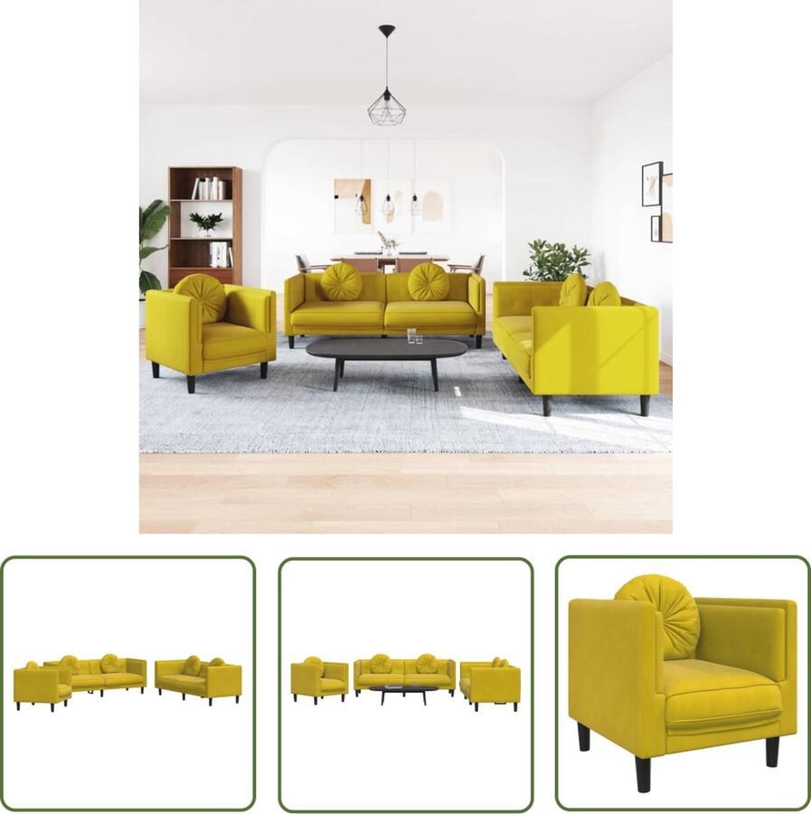 The Living Store 3-delige Loungeset met kussens fluweel geel Lounge Set Fluweel Sofa Gele Bank Bankstel 3 Zits Bank