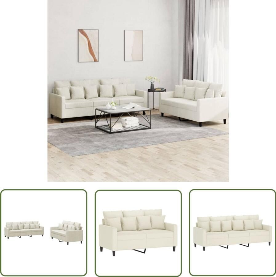 The Living Store 2-delige Loungeset met kussens fluweel crèmekleurig Loungeset Fluweel Sofa Lounge Meubels 2 Persoons Bank 3 Persoons Bank