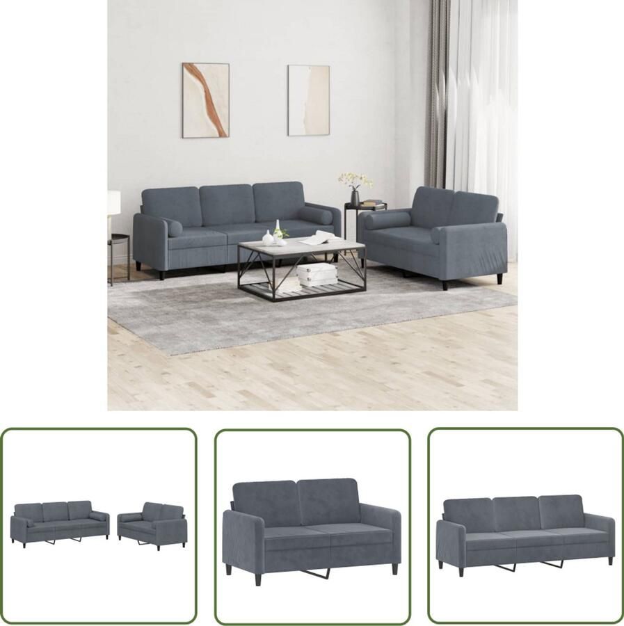 VidaXL Fluweel Sofa Loungeset 2-delige Loungeset met kussens fluweel donkergrijs Grijze Bank Loungemeubilair Salontafel