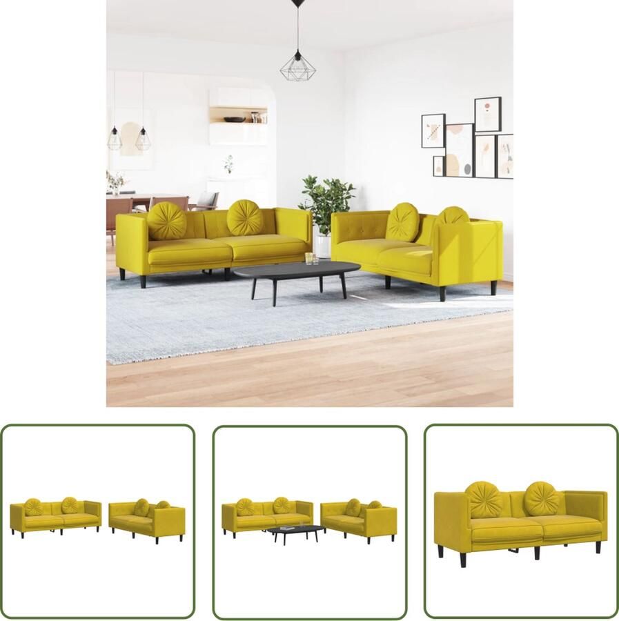 The Living Store 2-delige Loungeset met kussens fluweel geel Loungeset Fluweel Sofa Gele Bank 2 Persoons Bank 3 Persoons Bank