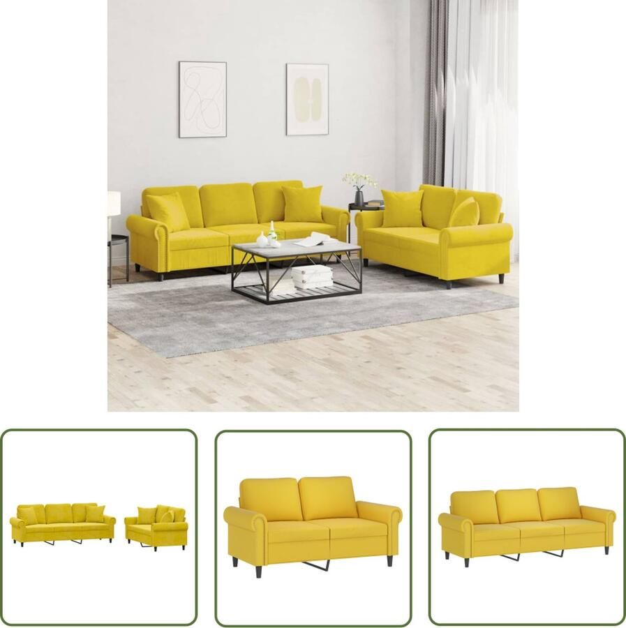 The Living Store Loungeset Fluweel Geel 2 3-zitsbank Comfortabele Zitting Loungeset Fluweel Sofa Gele Bank Bankstel Lounge Set