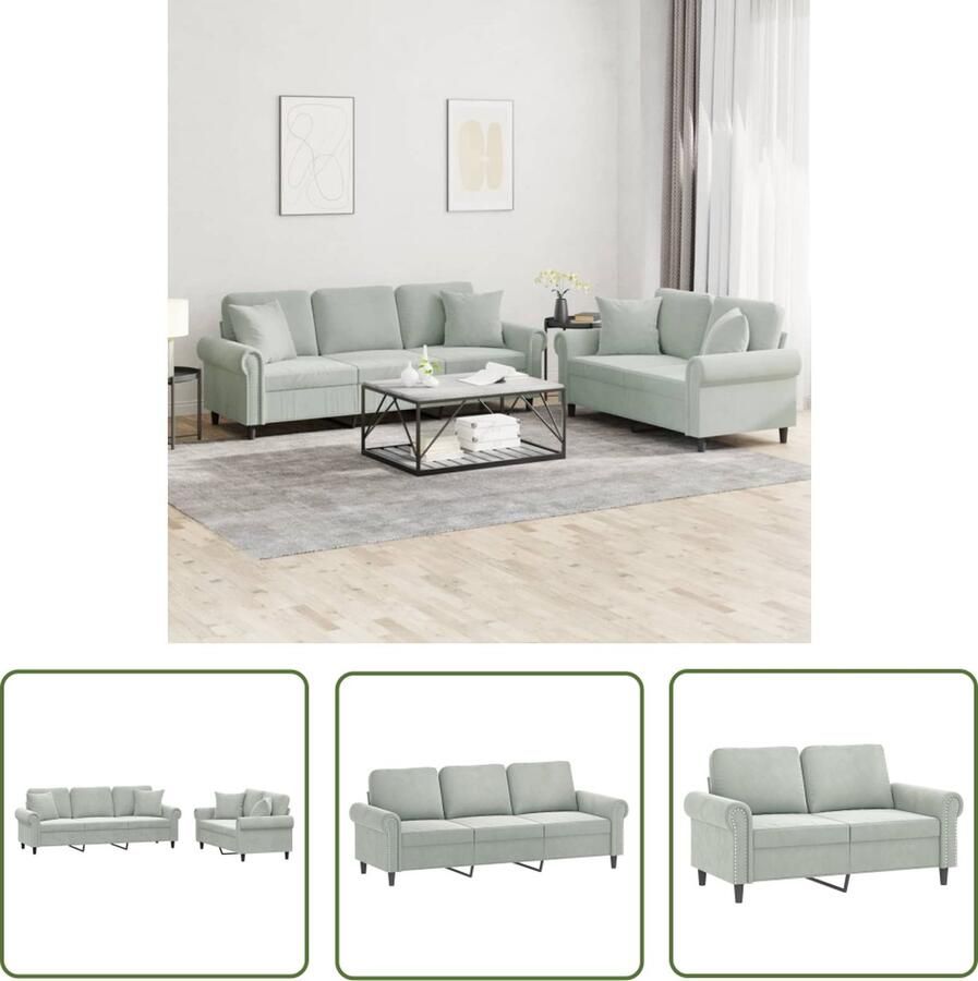 The Living Store Loungebank Fluweel Lichtgrijs 2-zits 3-zits met kussens Stevig frame Comfortabel zitten Loungeset Fluweel Sofa Grijze Bank 2 Persoons Bank 3 Persoons Bank