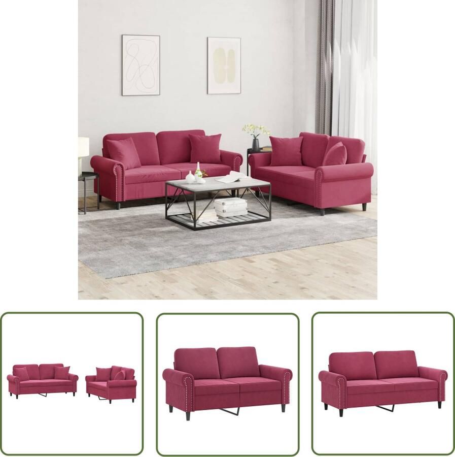 The Living Store 2-delige Loungeset met kussens fluweel wijnrood Loungeset Fluweel Sofa Lounge Set Bankstel 2 Persoons Bank