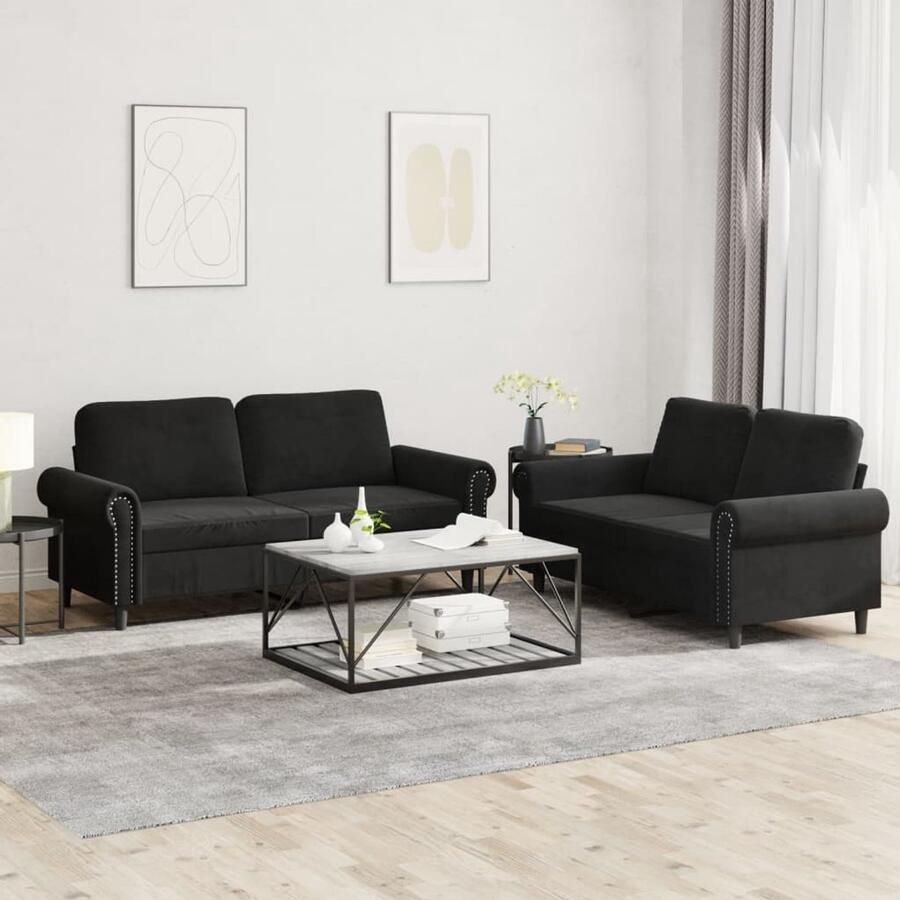 The Living Store Loungeset Fluweel 2-zitsbank Zwart 140cm Stevig metalen frame Loungeset Fluweel Sofa Zwarte Bank 2 Persoons Bank Salonset