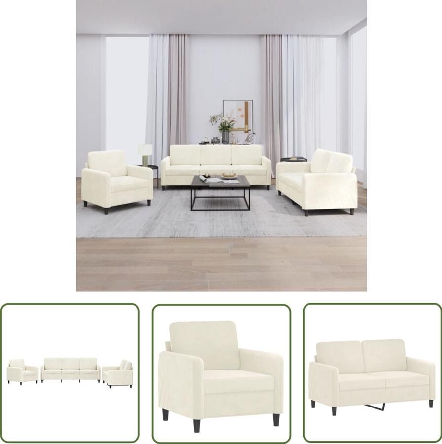 VidaXL Fluweel Sofa Loungeset 3-delige Loungeset fluweel crèmekleurig Crème Kleuren Lounge Set Salonset