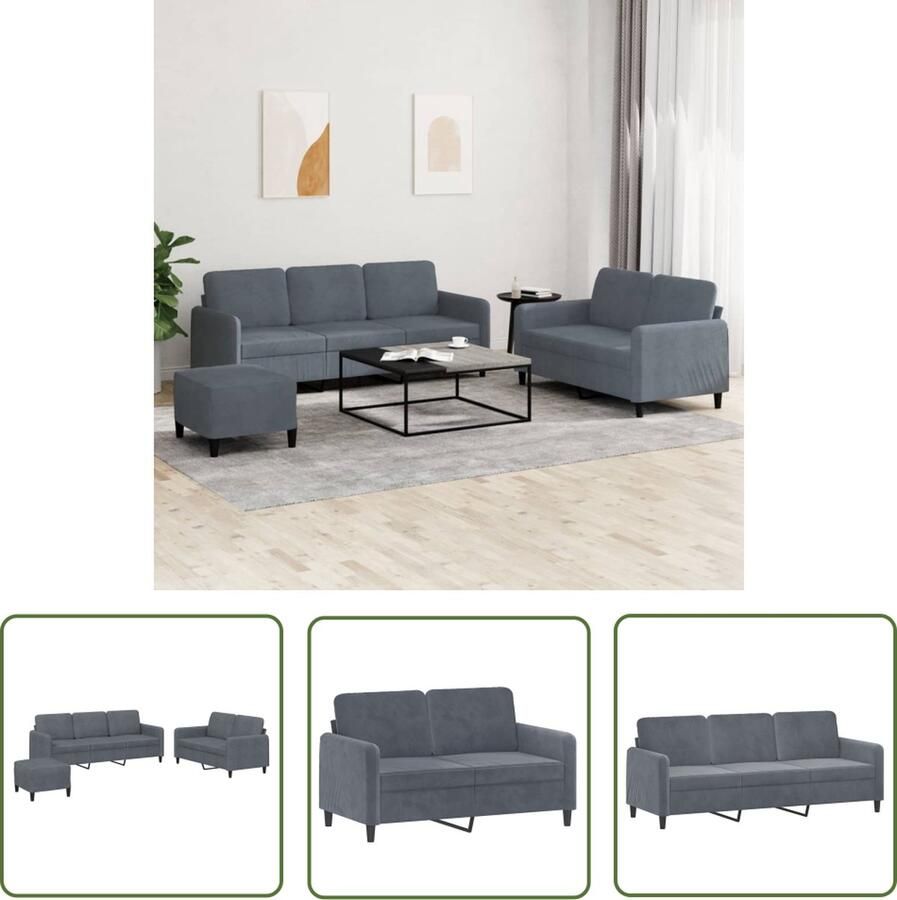 The Living Store Loungeset Fluweel 2 en 3-zitsbank met Voetenbank Donkergrijs Loungeset Fluweel Sofa Donkere Grijze Bank 2 Persoons Bank 3 Persoons Bank