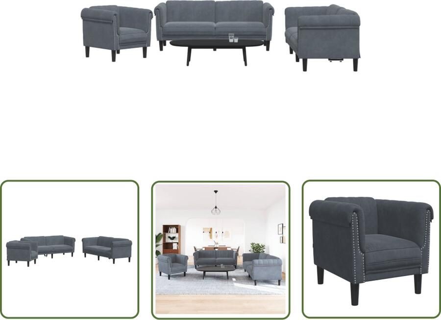 The Living Store Bank Donkergrijs Fluweel Comfortabele Franse Fauteuil Schuimgevulde 2- en 3-Zitsbanken Loungeset Fluweel Sofa Donkere Grijze Bank Fauteuils Zitzitting
