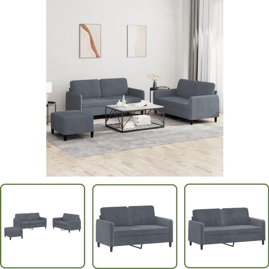 VidaXL 3-delige Loungeset fluweel donkergrijs Loungeset Fluweel Sofa Grijze Bank 3 Persoons Bank Salonset