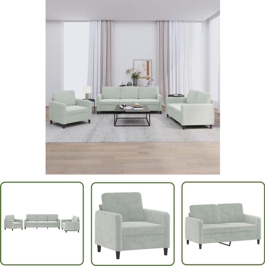 VidaXL Fluweel Sofa Loungeset 3-delige Loungeset fluweel lichtgrijs Grijze Bank Loungemeubilair 3 Persoons Bank