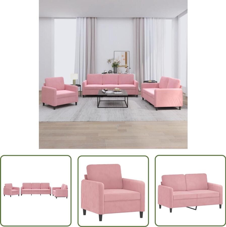 The Living Store 3-delige Loungeset fluweel roze Loungeset Fluweel Sofa Rozerode Bank Lounge Meubels 3 Persoons Bank