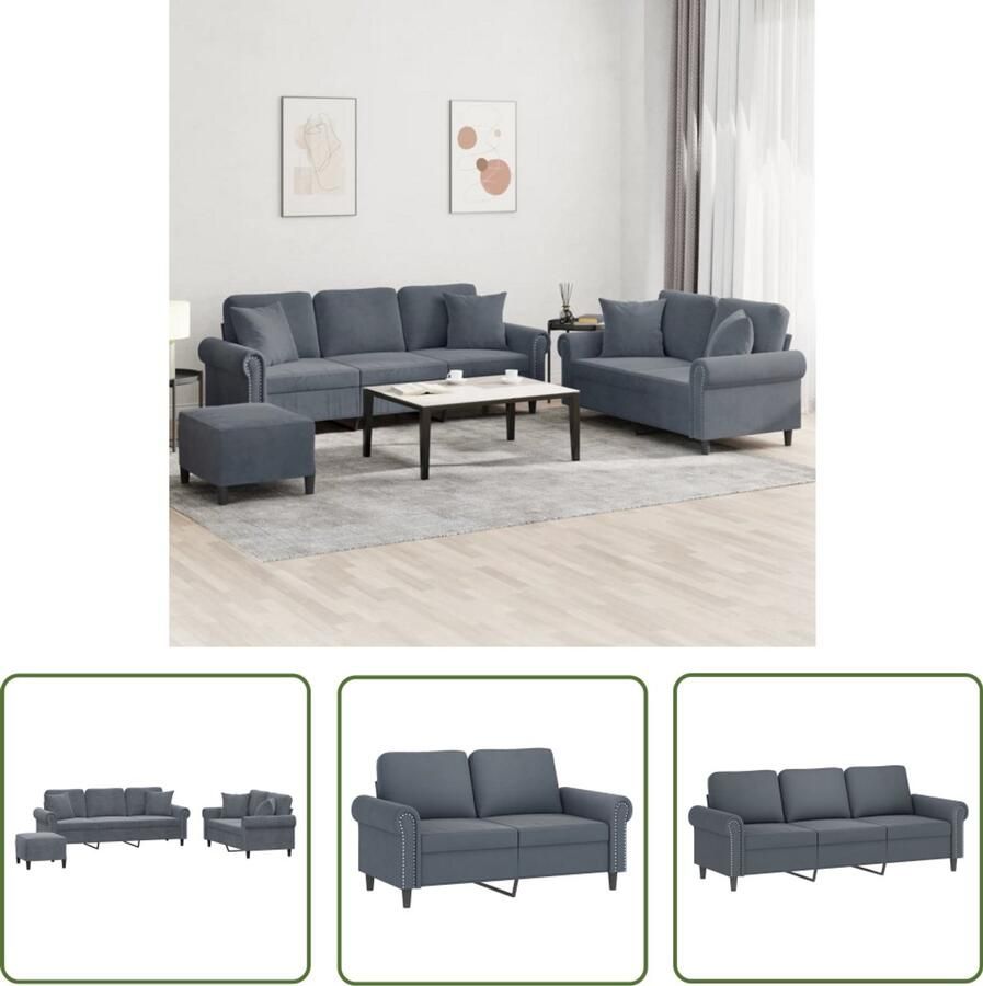 VidaXL Fluweel Sofa Loungeset 3-delige Loungeset met kussens fluweel donkergrijs Donkere Grijze Bank Lounge Set Grijs Hoekbank