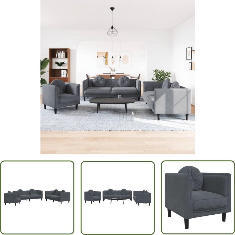 VidaXL Fluweel Sofa Loungeset 3-delige Loungeset met kussens fluweel donkergrijs Grijze Bank Loungemeubilair Zitzitting