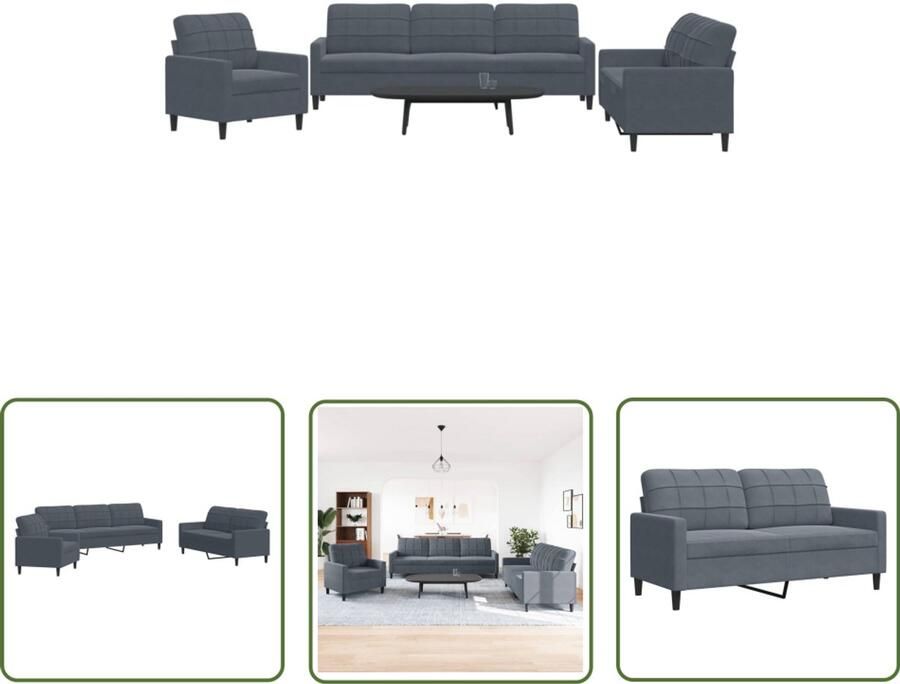 VidaXL Fluweel Sofa Loungeset 3-delige Loungeset met kussens fluweel donkergrijs Grijze Bank Loungemeubilair Salonset