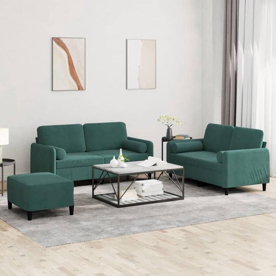 VidaXL Fluweel Sofa Loungeset 3-delige Loungeset met kussens fluweel donkergroen Donkere Groene Bank 2 Persoons Bank Lounge Meubels