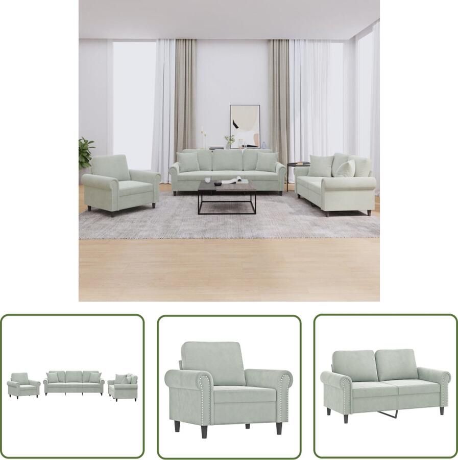 The Living Store Loungeset Fluweel Lichtgrijs 3-2-1 Zitsbankset Comfortabel Stabiel Frame Loungeset Fluweel Sofa Grijze Bank 3 Persoons Bank Fauteuils