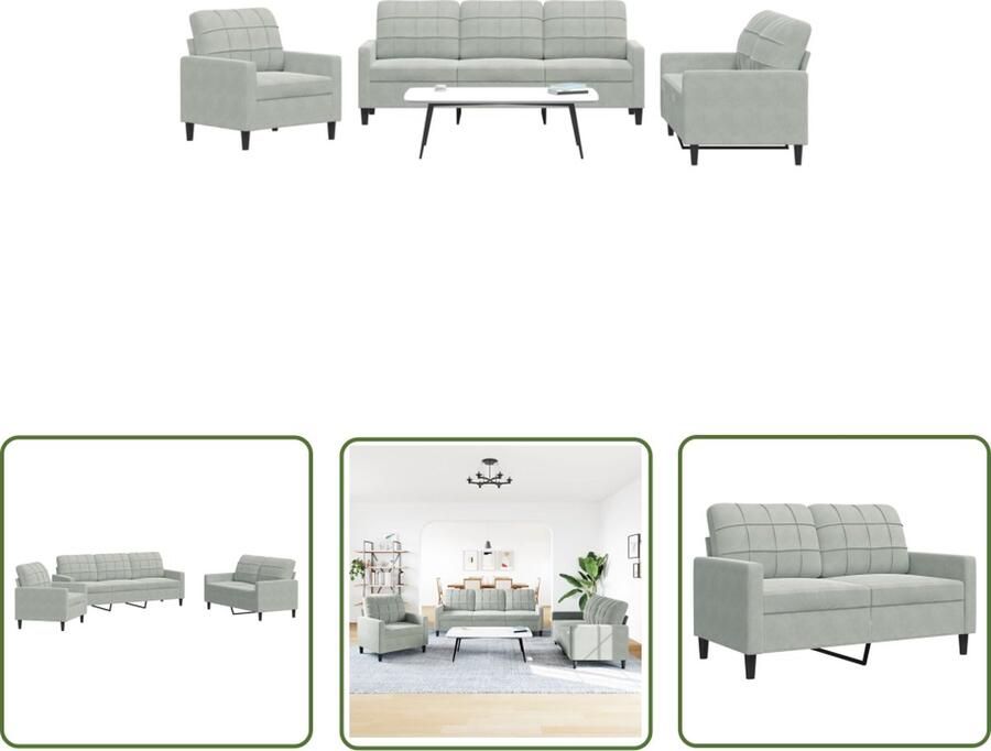 The Living Store 3-delige Loungeset met kussens fluweel lichtgrijs Loungeset Fluweel Sofa Grijze Bank Lounge Meubels Loungebank