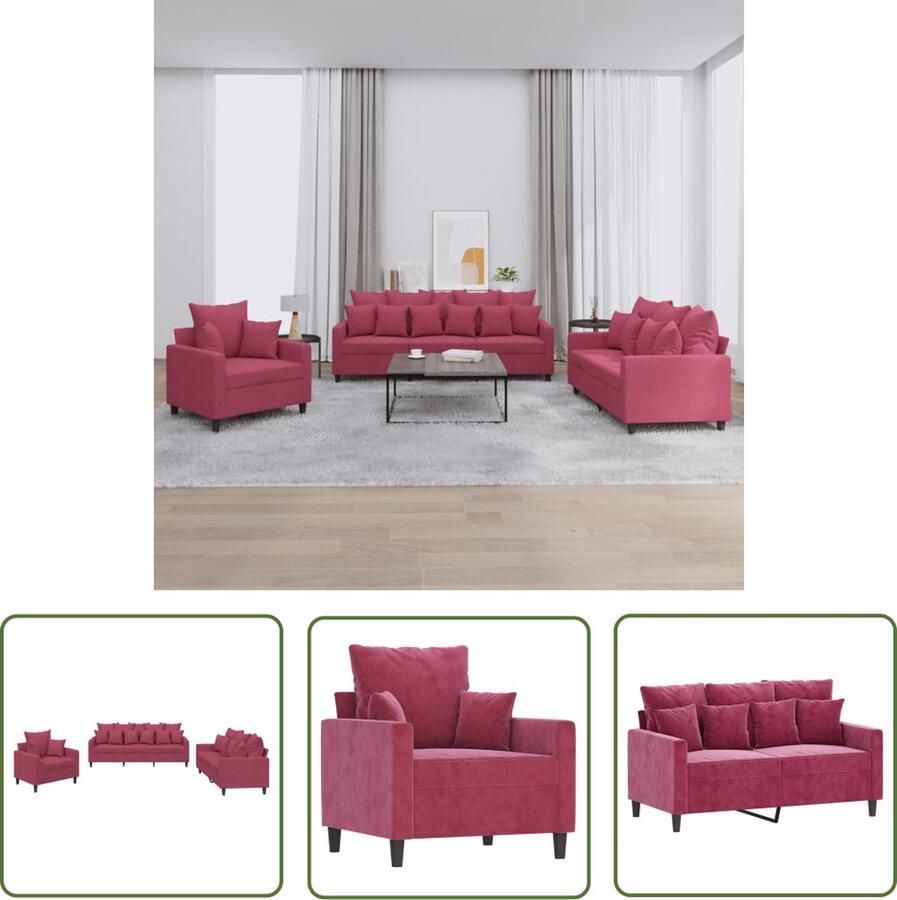 The Living Store 3-delige Loungeset met kussens fluweel wijnrood Loungeset Fluweel Sofa Rode Bank Salonset 2 Persoons Bank