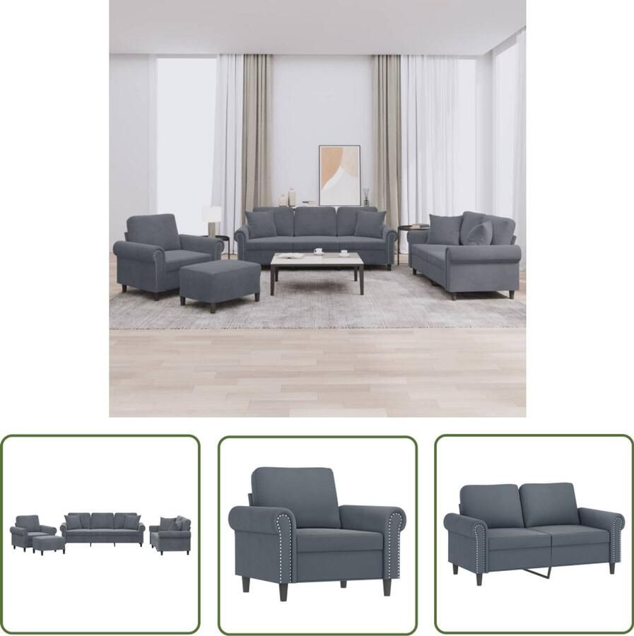 VidaXL Fluweel Sofa Loungeset 4-delige Loungeset met kussens fluweel donkergrijs Donkere Grijze Bank Lounge Set Grijs Hoekbank