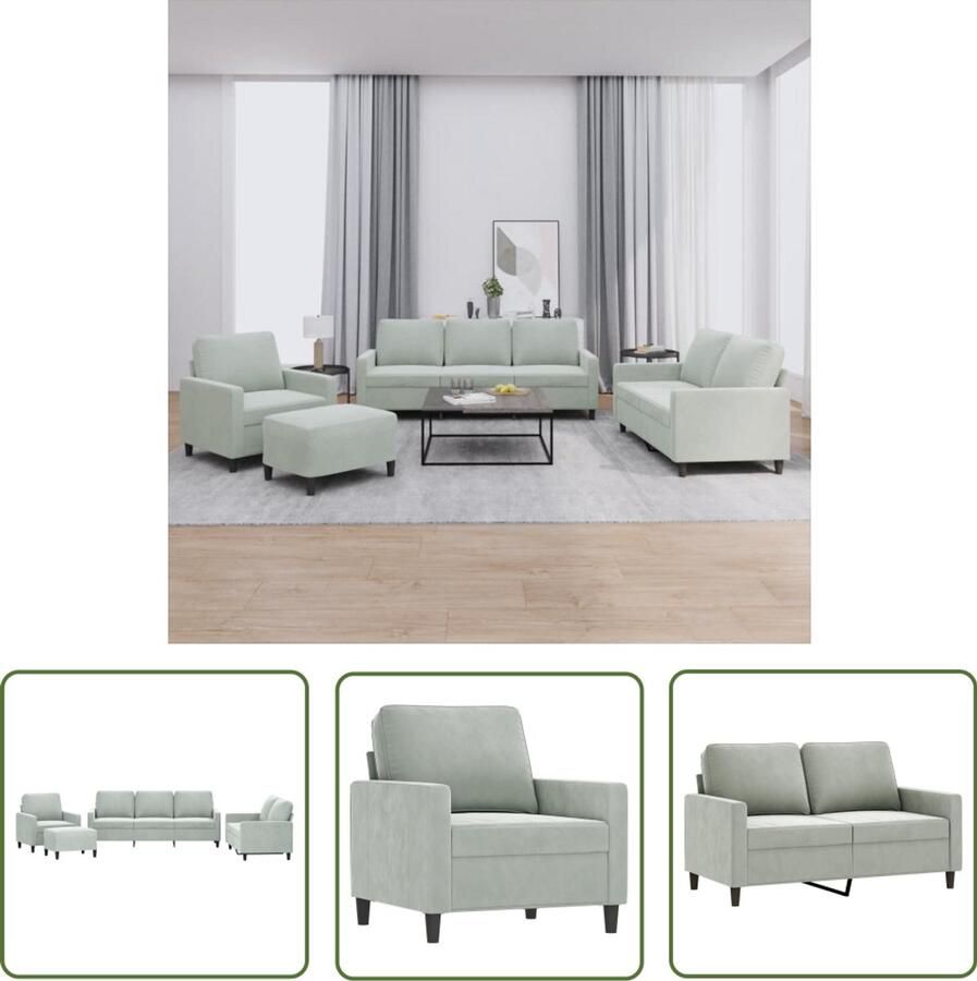 VidaXL Fluweel Sofa Loungeset 4-delige Loungeset met kussens fluweel lichtgrijs Grijze Bank Lounge Meubels Salonset