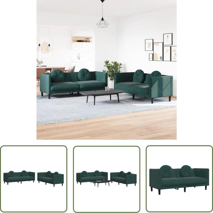 The Living Store 2-delige Loungeset met kussens fluweel donkergroen Loungebank Fluweelb BANK Tweezitsbank Driezitsbank Donkergroene Bank
