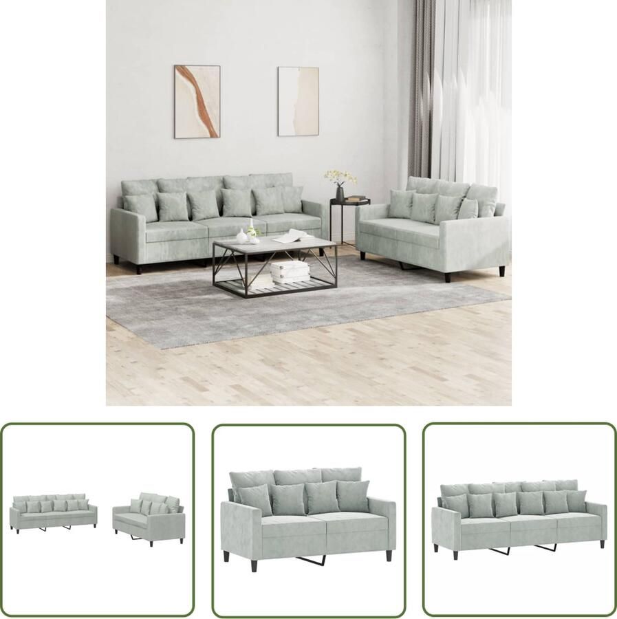 The Living Store Loungeset Fluweel 2-Zitsbank 3-Zitsbank Lichtgrijs Stevig frame Loungebank Fluweelb BANK 2 Zits Bank 3 Zits Bank Grijs Meubilair